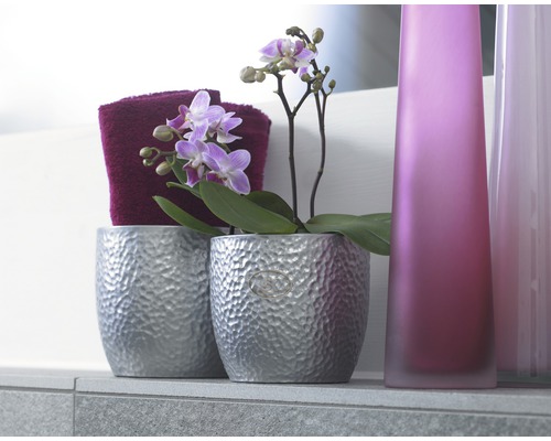 Dekorativní aranžmá s orchidejí ve stříbrném květináči, ručníkem a vázami