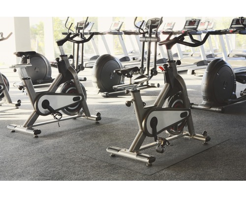 Posilovna s několika stacionárními koly a běžeckými pásy