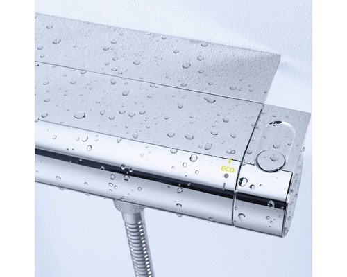 Termostatická sprchová baterie s funkcí Eco a kapkami vody.