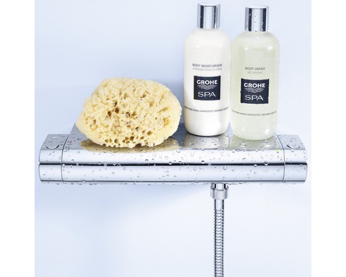 Sprchová armatura s houbou, tělovým mlékem a sprchovým gelem