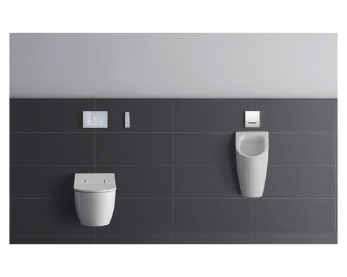 Koupelna s toaletou, pisoárem a ovládacími panely před šedou stěnou