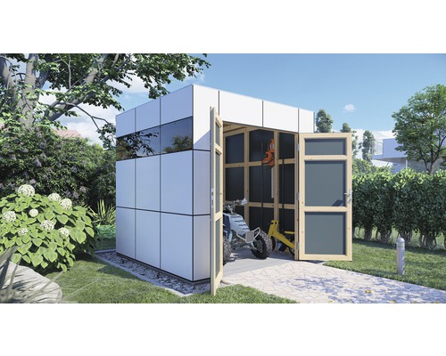 Dřevěný zahradní domek Bertilo Design HPL 1 antracit/bílý 230 x 228 cm
