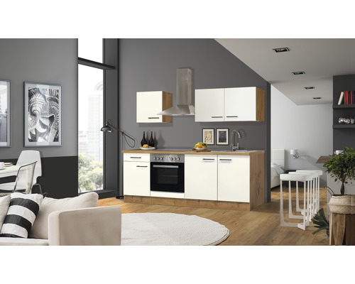 Kuchyňský blok se spotřebiči Flex Well Vintea 210 cm barva čela magnólie matná barva korpusu lancelot oak Kuchyňský blok se spotřebiči Flex Well Vintea 210 cm barva čela magnólie matná barva korpusu lancelot oak