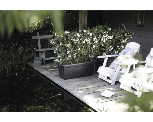 Zahradní scéna s jezírkem, lavičkou, osázeným truhlíkem a lehátky