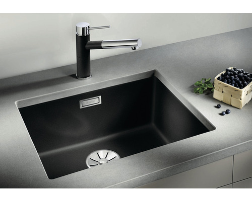 Vestavný kuchyňský dřez s baterií a košíkem borůvek