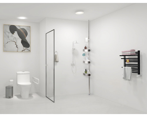 Světlá koupelna s toaletou, sprchovou zástěnou, sprchovou policí a topným žebříkem