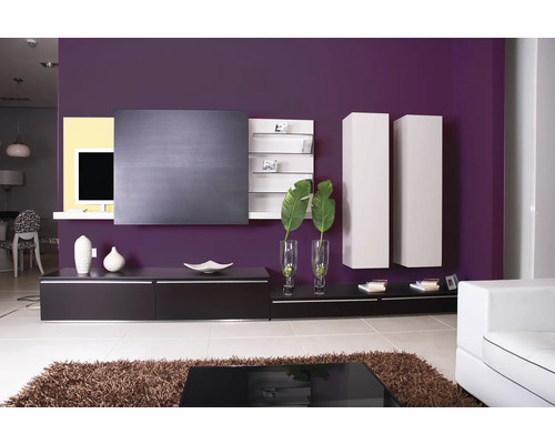 Moderní obývací pokoj s tmavým nábytkem, nástěnnými policemi a dekorací