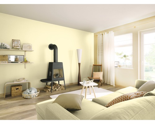 Obývací pokoj s kamny, policemi a pohovkou