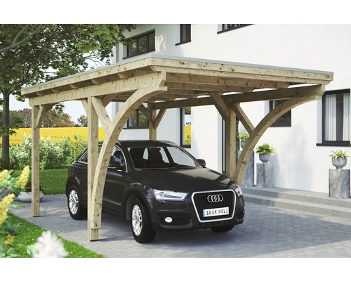 Přístřešek na auto Konsta 304 x 500 cm přírodní vč. alu plechu a 2 oblouků Dřevěný přístřešek pro auto s autem před domem
