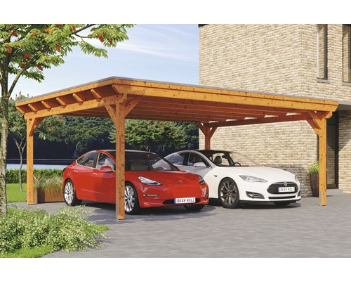 Přístřešek na auto Konsta dvojitý 618 x 500 cm dub světlý vč. alu plechu Dřevěný dvojitý carport se dvěma auty