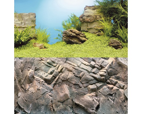 Pozadí akvária s kamenným vzorem a zelenými rostlinami