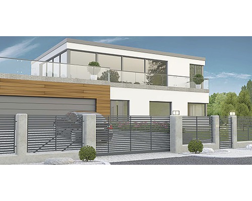 Moderní dům s kovovým plotem a garáží