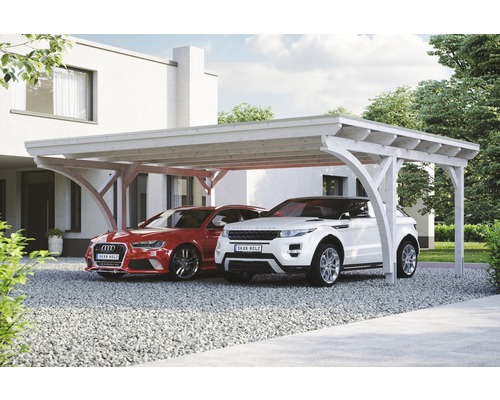 Přístřešek na auto Konsta dvojitý 618 x 500 cm bílý vč. alu plechu a 2 oblouků Dřevěný carport se dvěma zaparkovanými auty