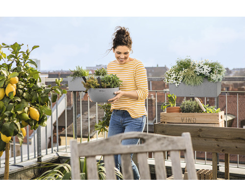 Žena s květináčem na balkoně s bylinkami, květinami a citronovníkem