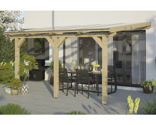 Zastřešení terasy SKAN HOLZ Andria 434x250 cm, dvouplášťové desky 16 mm, transparentní Dřevěná pergola s terasovým nábytkem a grilem na zahradě