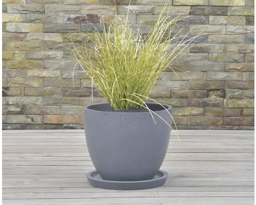 Šedý květináč s podšálkem a rostlinou před kamennou zdí