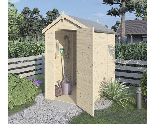 Dřevěná zahradní kůlna s otevřenými dveřmi a zahradním nářadím