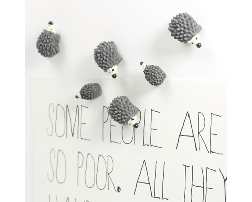 Několik magnetů ve tvaru ježka na magnetické tabuli