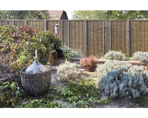 Zahradní scéna s vrbovým plotem, rostlinami a košíkovou lahví