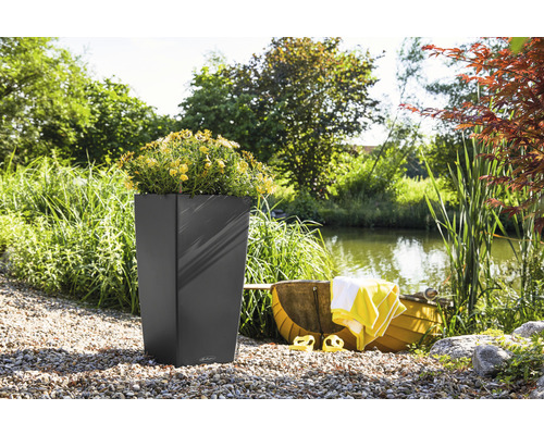 Vysoký, hranatý květináč se žlutými květy na zahradě s jezírkem