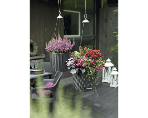 Dva osázené závěsné květináče s květinami venku.