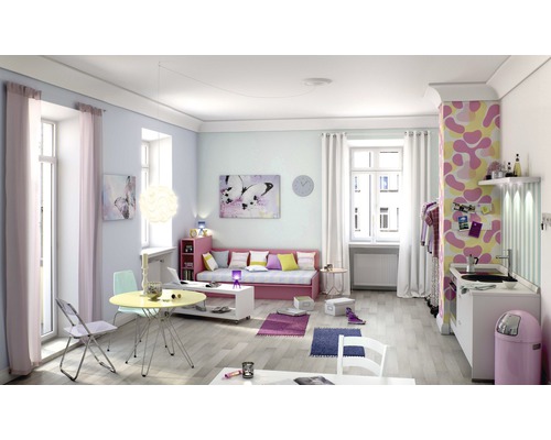 Světlý obývací pokoj s rozkládací pohovkou, jídelním stolem, židlemi a kuchyňským koutem