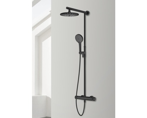 Černý sprchový set s hlavovou sprchou, ruční sprchou a termostatickou baterií