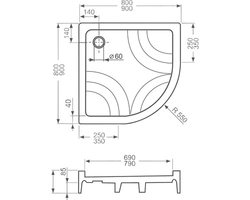 Technický nákres sprchové vaničky s rozměry
