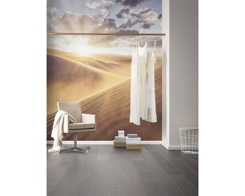 Světlá místnost s tapetou pouště, židlí a dřevěnou podlahou