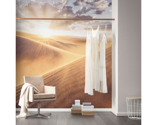 Obývací pokoj s tapetou pouště, tyčí na oblečení a židlí