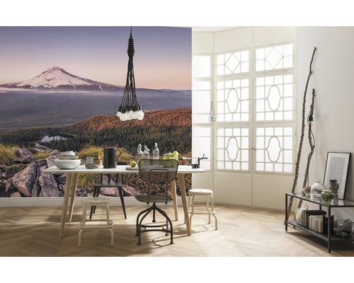 Světlá místnost s jídelním stolem, židlemi, lampou a fototapetou s horskou krajinou