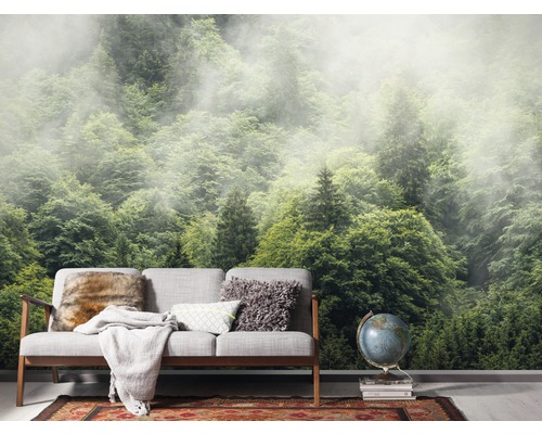 Obývací pokoj s fototapetou mlhavého lesa a pohovkou