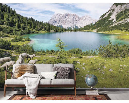 Fototapeta s horským jezerem a ovcemi
