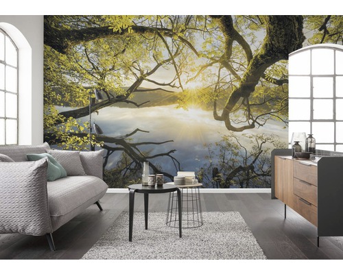 Obývací pokoj s fototapetou s motivem stromu a jezera