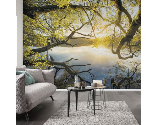 Obývací pokoj s fototapetou s motivem stromu a jezera