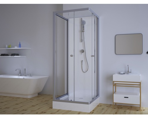 Moderní koupelna se sprchovým koutem, vanou, umyvadlem a zrcadlem