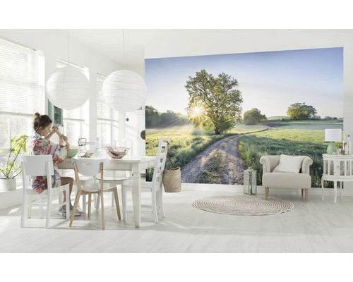 Světlá jídelna s fototapetou venkovské scény se stromem a polní cestou