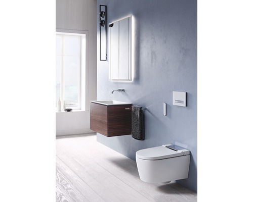 Moderní koupelna s umyvadlem, zrcadlovou skříňkou, toaletou a držákem na ručníky