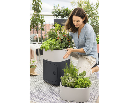 Žena s bylinkovou zahrádkou na balkóně s květináči a bylinkami