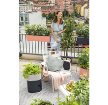 Balkónová scéna s ženou, židlí, květináči a výhledem na město