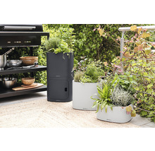 Tři osázené květináče na terase vedle grilu.