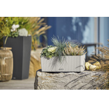 Dekorativní květináče v zahradním prostředí.