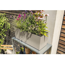 Béžový květináč s různými rostlinami na kovovém rámu v zahradě.