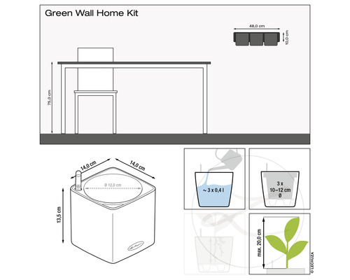 Schéma s rozměry pro Green Wall Home Kit