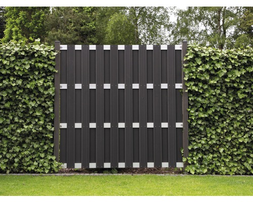 Plastový zahradní plot se stříbrnými akcenty a zeleným živým plotem