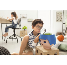 Chlapec si prohlíží rostlinu v květináči lupou v dětském pokoji.