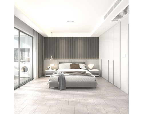 Vinylová podlaha lepená béžová Dry Back dílce Brosa 60 x 60 cm balení 12 ks Světlá ložnice s manželskou postelí, nočními stolky a šatní skříní