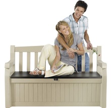 Zahradní lavice s úložným prostorem a dvěma lidmi