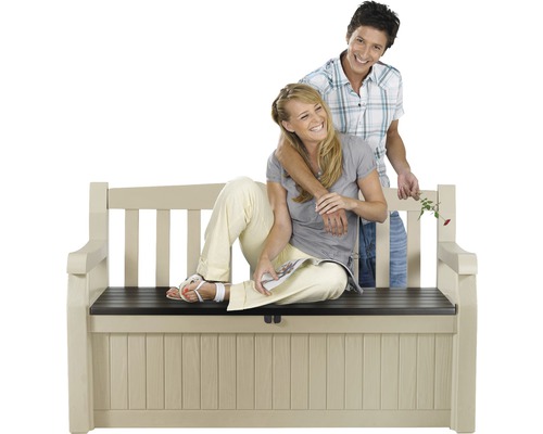 Zahradní lavice s úložným prostorem a dvěma lidmi