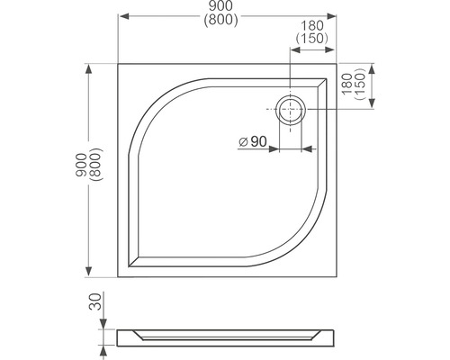 Technický nákres sprchové vaničky s rozměry